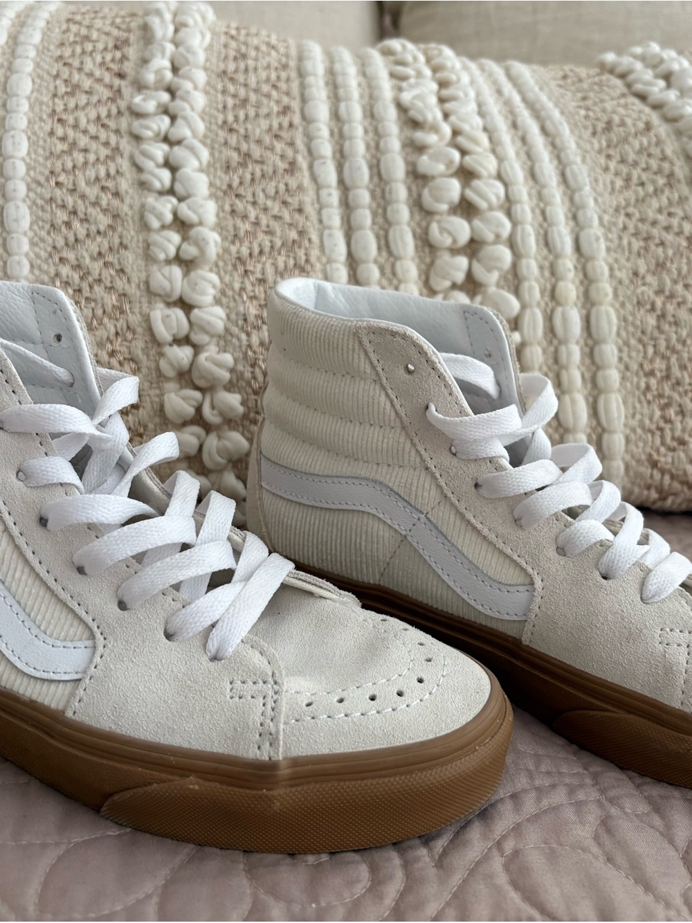 Vans Sk8-Hi Cream White Corduroy Suede Gum Sole High Top Sneakers - Picture 5 of 7